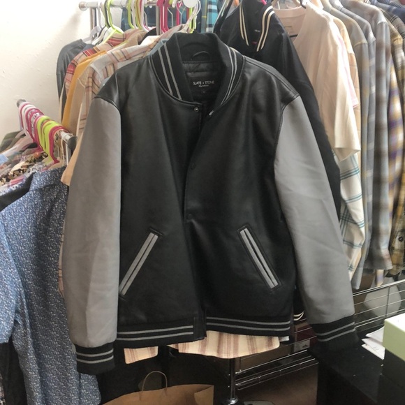 Slate and Stone Black and Gray Faux Leather Varsity Jacket - Picture 1 of 5